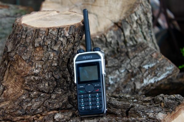 hytera walkie talkie on tree stump